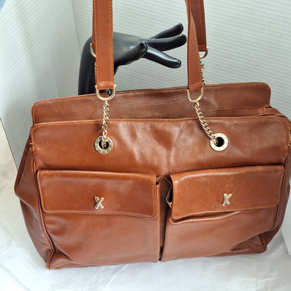 Paloma Picasso Jumbo caramel leather carryall tote bag TLC